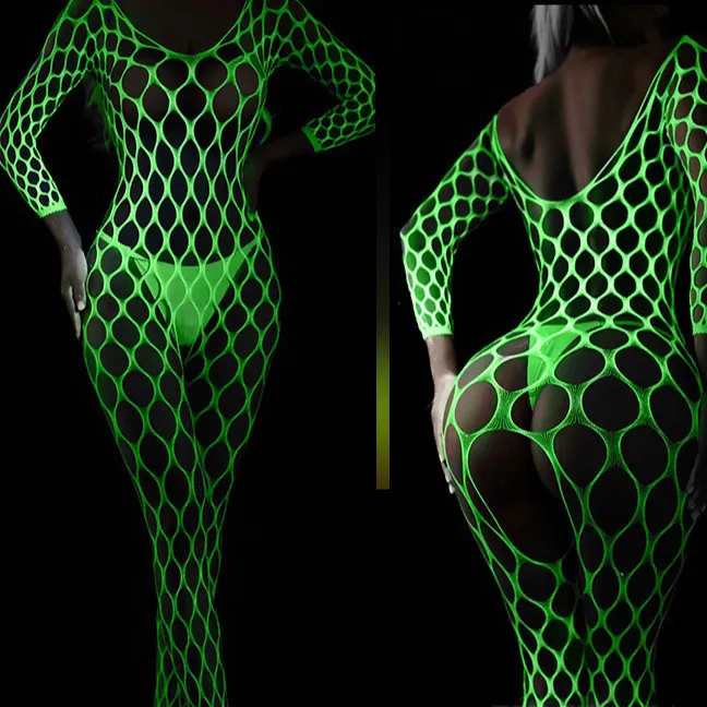 Fluorescent Hollow Fishnet One-Piece Lingerie