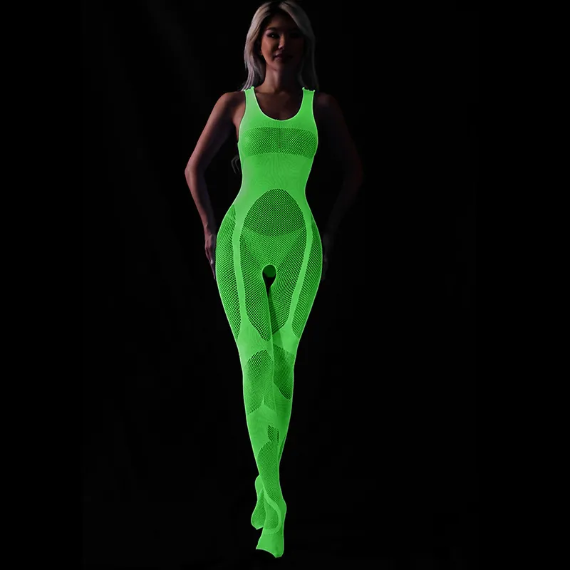 Fluorescent Hollow Fishnet One-Piece Lingerie