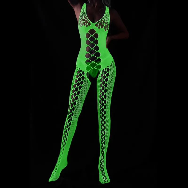 Fluorescent Hollow Fishnet One-Piece Lingerie