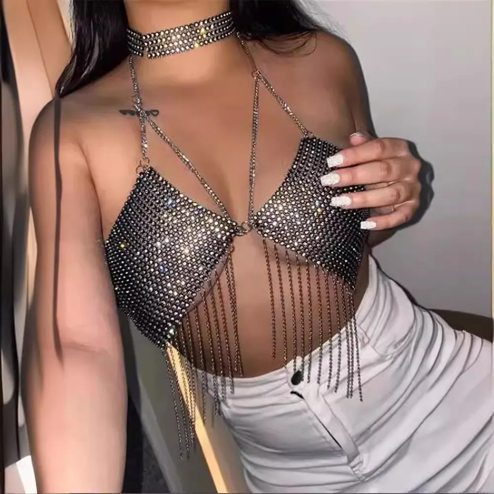 Spring Nightclub Metal Chain Sequin Sling Women Strapless Top Tassel Camis