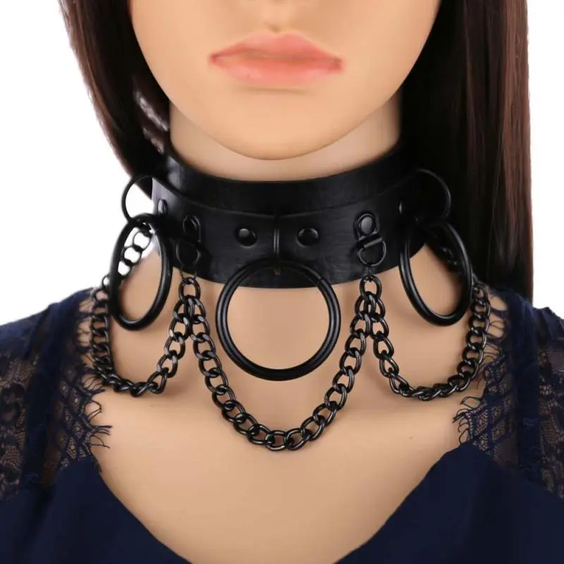 Women Gothic Punk Chain Decoration Solid Color PU Choker Necklace