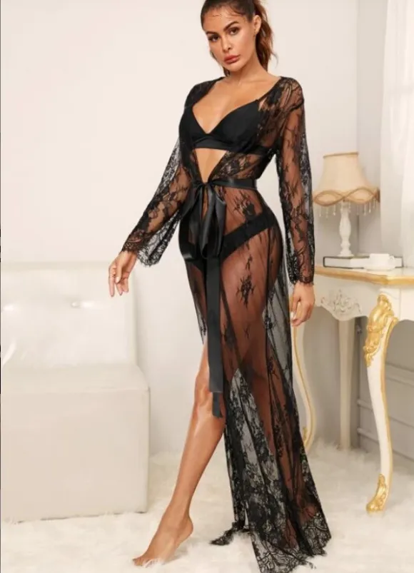 Mesh Lace Perspective Long Sleeve Robe